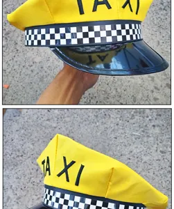 Detailed shot of yellow taxi driver hat with black white check and TAXI embroidery for cosplay.
