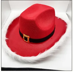 Detail view of red felt Christmas cowboy hat with white faux fur trim and gold buckle.
