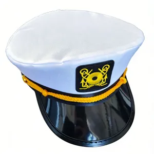 Adult white captain hat with embroidered anchor badge and black visor for party stage performance