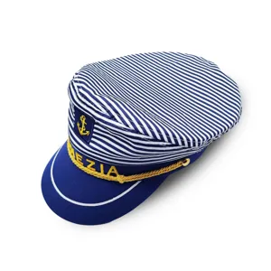 Blue and white striped sailor hat womens flat top nautical cap with gold embroidery