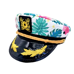 Unisex Embroidered Sailor Hat Tropical Leaf Print Navy Cap Adjustable Sun Protection Yacht Party Beach Hat