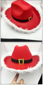 Red Christmas cowboy hat with white faux fur trim and gold buckle for holiday party fashion.