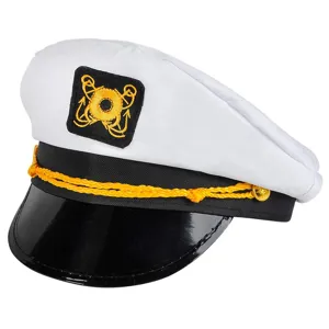 White captain hat for adult party, sailor costume accessory with gold embroidery badge.