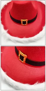 Red Christmas cowboy hat detail showing white faux fur brim, black band and gold buckle.