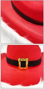 Detailed close-up view of red Christmas cowboy hat featuring black band, gold buckle and white trim.