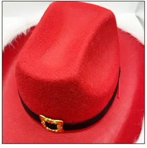 Red Christmas cowboy hat with white plush trim and golden buckle detail for holiday party