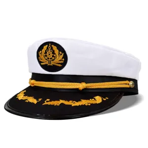 Detail shot of classic captain hat with gold embroidery, white top and black brim.