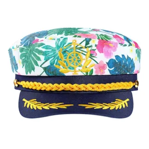 Tropical floral captain hat with gold embroidery sailor cap for party yacht sun protection