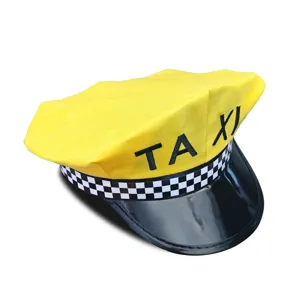 Yellow taxi driver costume hat with black white check band and shiny brim for adult party.