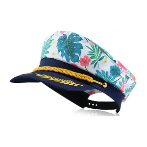Tropical floral print yacht captain hat with golden braided rope and embroidery for summer party.