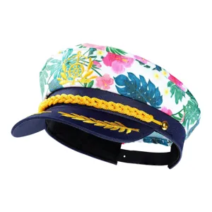 Tropical floral print captain hat sailor yacht cap with gold embroidery for party costume.