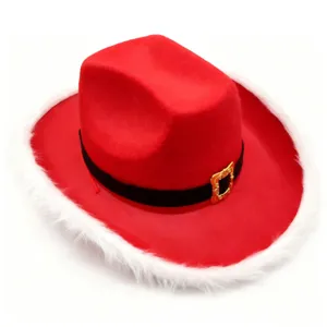Red Christmas cowboy hat with white faux fur trim, festive holiday party costume hat.