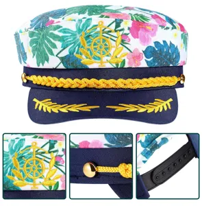 Stylish tropical floral captain hat with gold embroidery and adjustable strap.