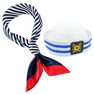 Blau weiße gestreifte Matrosenschal und weiße Kapitänsmütze Set für Party Cosplay Kostüm.