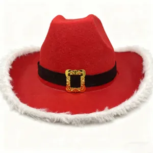 Red Christmas cowboy hat with white faux fur trim, perfect for holiday party dress up.