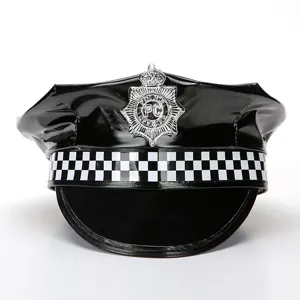 Black Patent Leather Octagonal Police Hat Halloween Cosplay Costume Prop Party Hat Adjustable Uniform Headwear For Adult