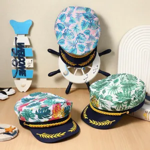 Fashion tropical leaf print captain hat with gold embroidery sailor hat for party beach sun protection.