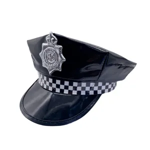 Black patent leather police hat costume cap for adult Halloween party and roleplay.