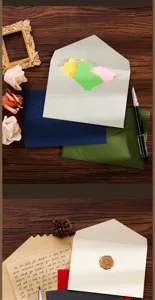 Set minimalista di buste e carta da lettere con sigillo in ceralacca per dichiarazioni.