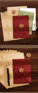 Set di cancelleria vintage con carta da lettere a righe, buste colorate e sigillo in ceralacca.