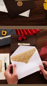 Vista dettagliata del set di cancelleria vintage con buste, carta da lettere e ceralacca.