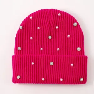 Hot pink knit beanie hat with pearl rhinestone details winter warm knit cap for women