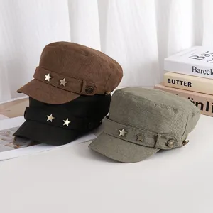 Vintage Militaire Chapeau Plat Hommes Femmes Coton Casual Casquette de Cadet Avec Étoile à Cinq Pointes en Métal Chapeau de Soleil Extérieur