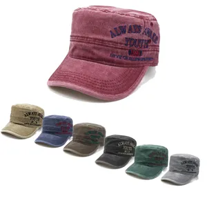 Vintage gewassen platte militaire pet met mooie borduursel, casual cadet pet voor dames en heren.