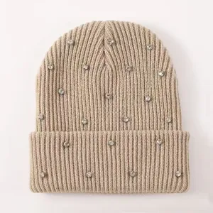 Beige rhinestone embellished knitted beanie hat winter warm pull-on cap for women