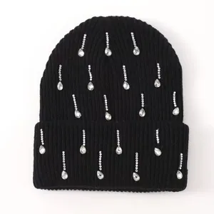 Black knitted beanie hat with sparkling teardrop rhinestones cuffed warm winter apparel