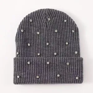 Chic dark grey knit beanie featuring dazzling scattered rhinestones, cozy cuffed winter hat.