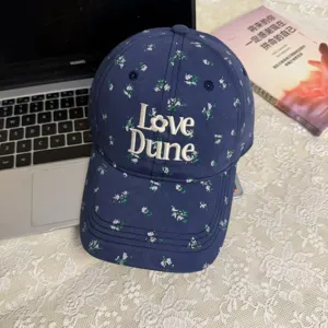 Navy blue floral baseball cap for women, vintage soft top embroidered fashion hat for outdoor.
