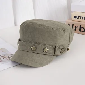 Casquette militaire vintage pour femme homme, chapeau plat usé avec étoiles en métal, vert.