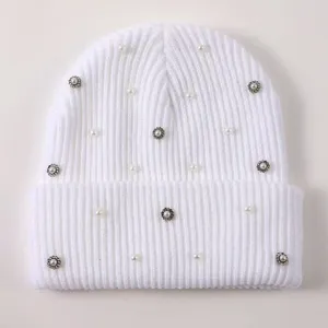 White knit beanie for women winter warm pearl rhinestone embellished cuffed pull-on cap