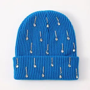 Blue ribbed knit beanie hat with sparkling rhinestone teardrop details warm winter cuffed cap
