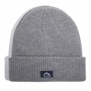 Grey winter knitted beanie hat with fabric patch warm thermal pull-over cap for adults.
