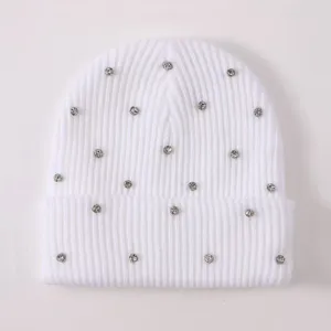 White ribbed knit beanie hat for women, sparkling rhinestone embellished warm winter wool cap.