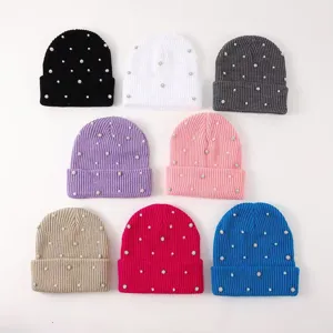 Women Winter Warm Knit Beanie Hat Rolled Cuff Acrylic Beanie With Rhinestone And Pearl Decoration Casual Fashion Daily Headwear