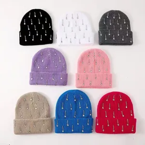 Women Winter Warm Knitted Beanie Hat Acrylic Cuff Solid Color Rhinestone Decor Fashion Casual Cap
