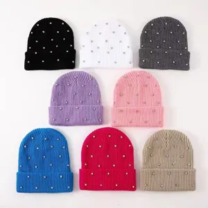 Winter Warm Knitted Beanie Hat For Women Acrylic Rhinestone Slouchy Cuff Skull Cap Daily Casual Fashion Headwear