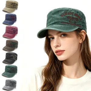 Vintage Gewassen Katoen Kadettenmuts Unisex Militaire Vlakke Pet Geborduurde Letter Casual Zonnehoed