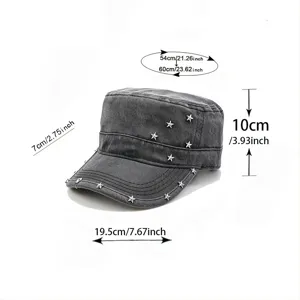 Casquette plate en denim délavé gris avec clous étoiles, taille réglable 54-60cm style quotidien.
