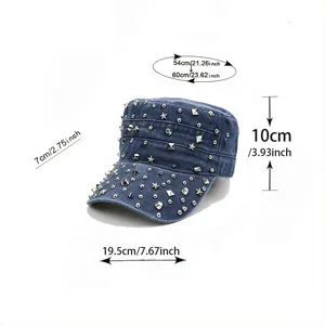 Spijkerstof platte pet met studs en metalen stervormige versieringen, casual hiphop hoed.