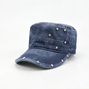 Casquette plate en denim bleu avec clous d'étoiles argentées, chapeau militaire décontracté