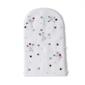 Fashion rhinestone knit beanie winter warm cozy hat with safety pins and pearls chic cold cap.