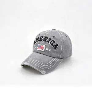 Vintage washed distressed baseball cap with America embroidery and flag patch, adjustable.