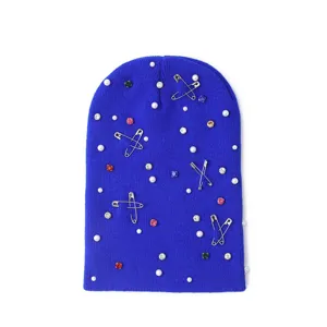 Blue knit beanie winter warm hat with pearls rhinestones and safety pin decorations stylish