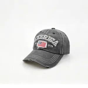 Detailed view of the vintage washed distressed baseball cap with America embroidery and flag patch.