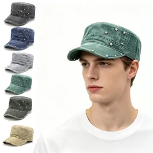 Chapeau Unisexe en Coton Lavé à Sommet Plat Avec Rivets Étoiles en Métal Réglable Extérieur Décontracté Style Militaire
