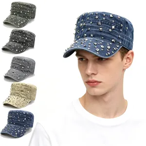 Unisex Punk Militaire Cadet Cap Katoen Metalen Klinknagel Versierd Platte Hoed Outdoor Casual Hip Hop Street